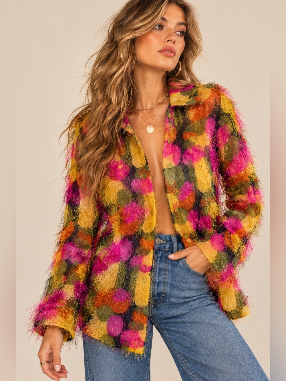Vintage Y2K Eyelash Fringe Button Down Top Fuzzy Psychedelic Whimsigoth M